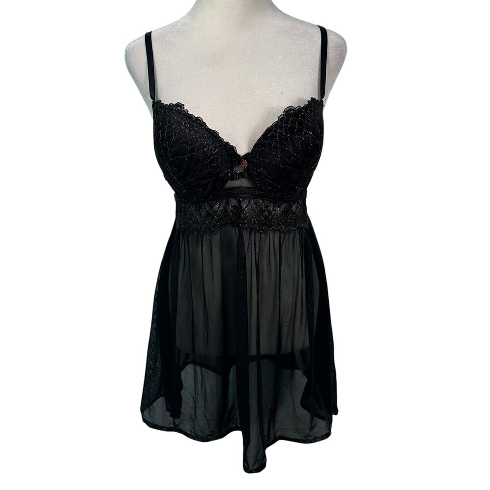Daisy‎ Fuentes Black Mesh Slip Dress Lace Embroidered Padded Bust Wmn Size Large